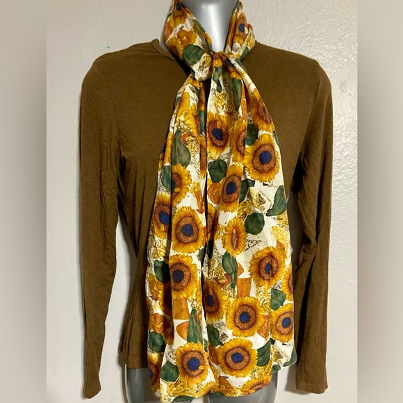 100% Silk Sunflower Print Scarf - Yellow and Green - Picture 1 of 13